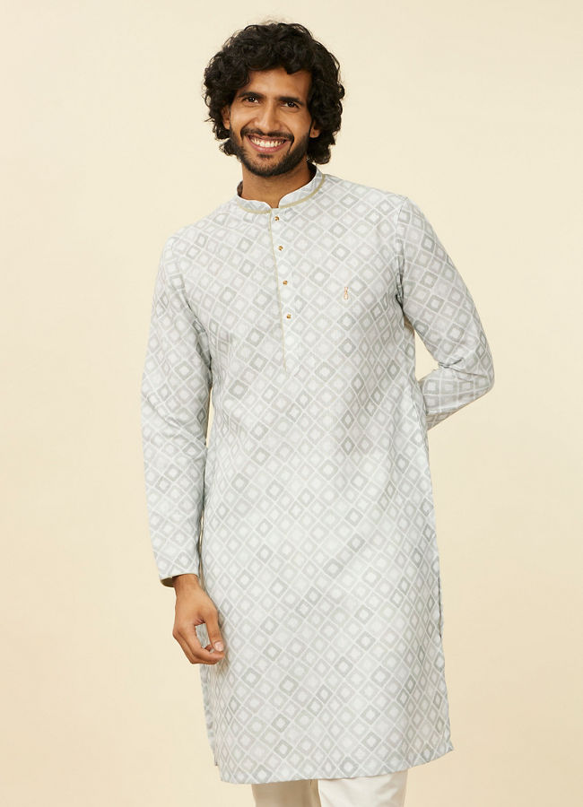 alt message - Manyavar Men Light Mid Green Geometric Patterned Angrakha Style Kurta image number 0